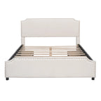 Lit plateforme capitonné Queen gris/beige avec 4 tiroirs, assemblage à 2 personnes