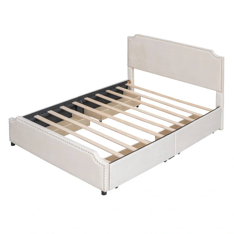 Lit plateforme capitonné Queen gris/beige avec 4 tiroirs, assemblage à 2 personnes