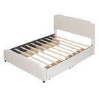 Lit plateforme capitonné Queen gris/beige avec 4 tiroirs, assemblage à 2 personnes