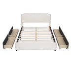 Lit plateforme capitonné Queen gris/beige avec 4 tiroirs, assemblage à 2 personnes