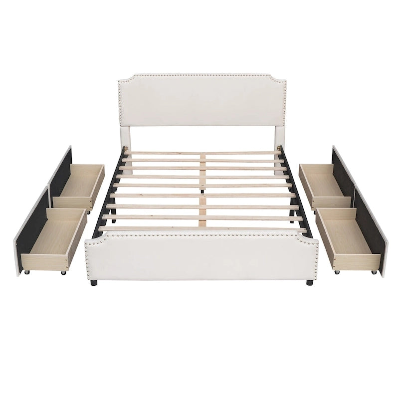 Lit plateforme capitonné Queen gris/beige avec 4 tiroirs, assemblage à 2 personnes