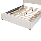 Lit plateforme capitonné Queen gris/beige avec 4 tiroirs, assemblage à 2 personnes