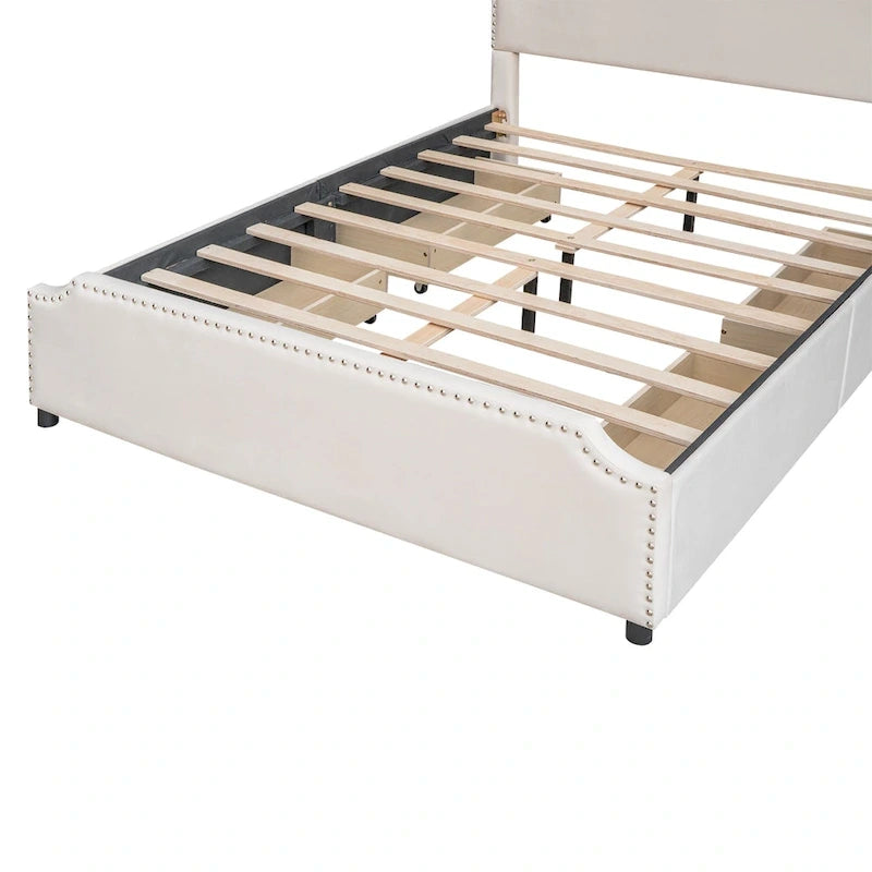 Lit plateforme capitonné Queen gris/beige avec 4 tiroirs, assemblage à 2 personnes