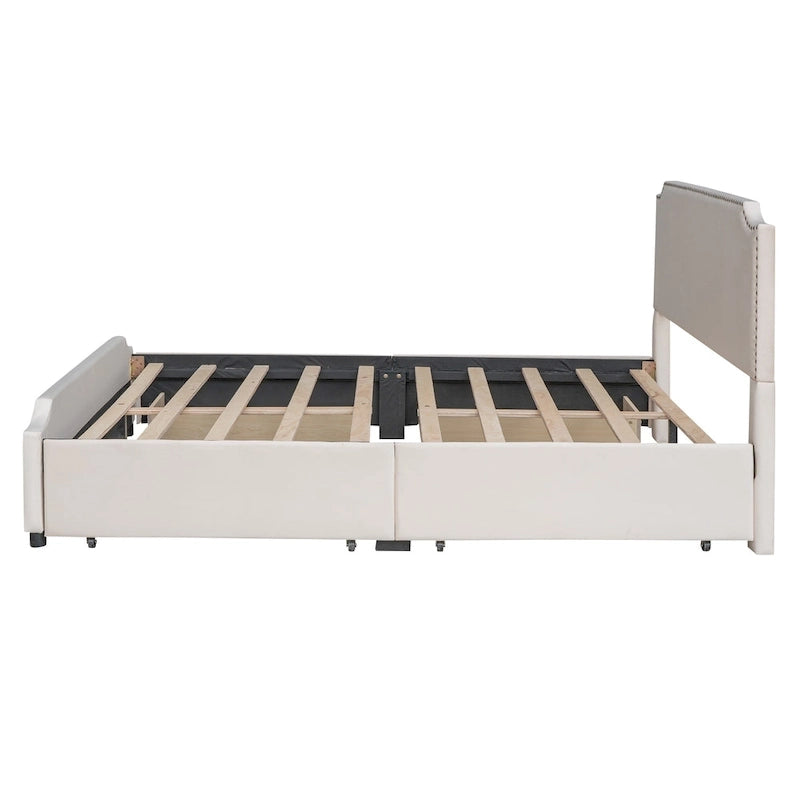 Lit plateforme capitonné Queen gris/beige avec 4 tiroirs, assemblage à 2 personnes
