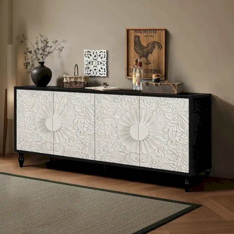 Armoire de rangement à 2 portes, sculptée noire/blanche