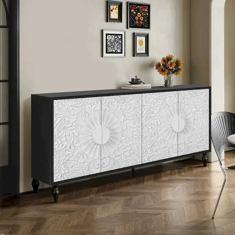 Armoire de rangement à 2 portes, sculptée noire/blanche