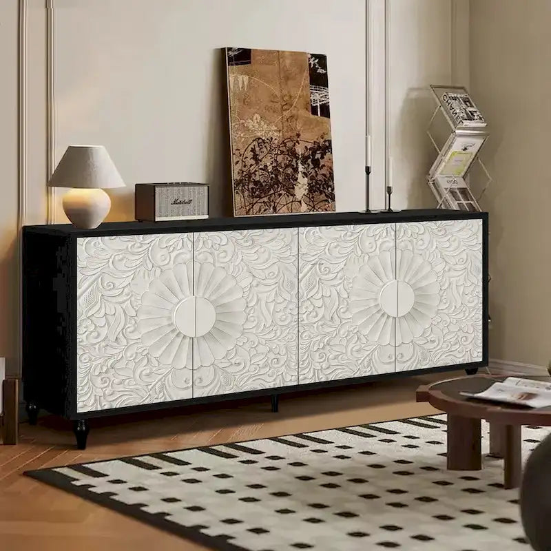 Armoire de rangement à 2 portes, sculptée noire/blanche
