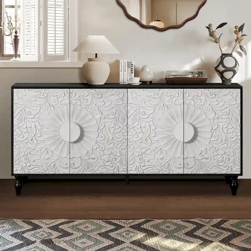 Armoire de rangement à 2 portes, sculptée noire/blanche