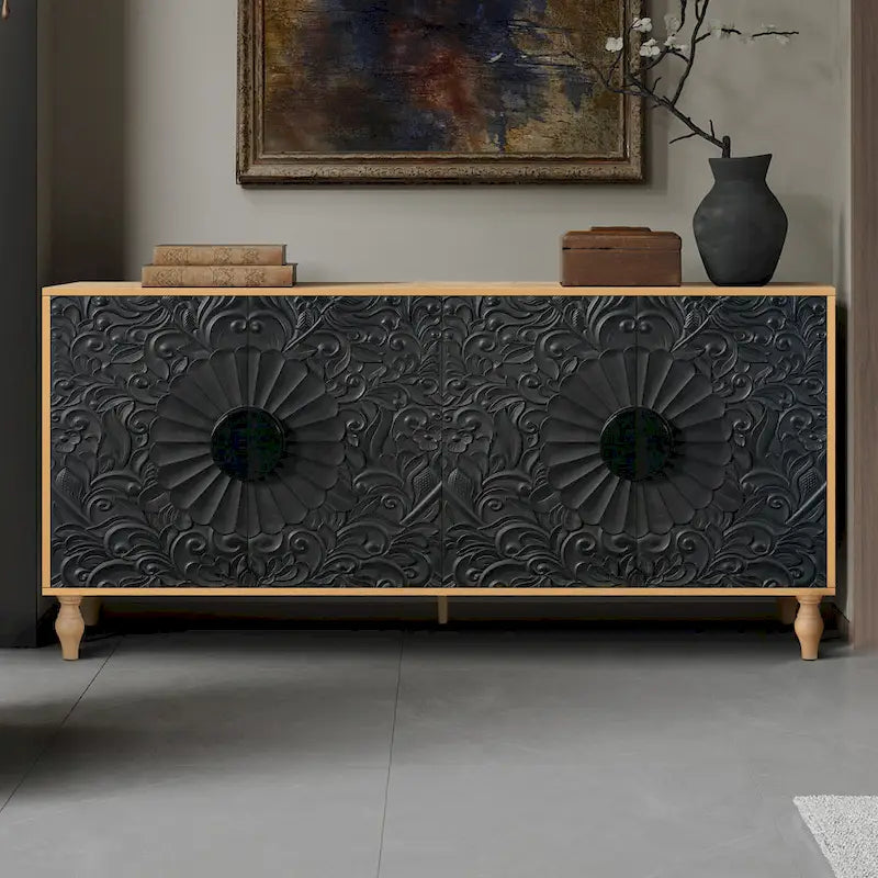Armoire de rangement à 2 portes, sculptée noire/blanche