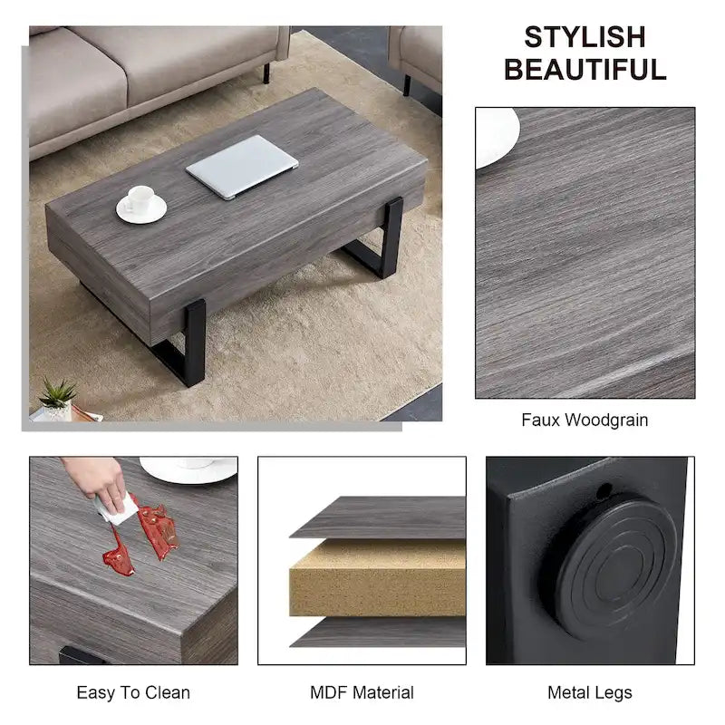 Une table basse en MDF de couleur gris rustique avec des pieds en métal noir – Un espace élégant aux tons de bois naturel