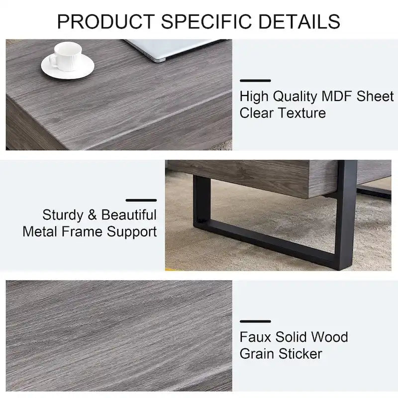 Une table basse en MDF de couleur gris rustique avec des pieds en métal noir – Un espace élégant aux tons de bois naturel