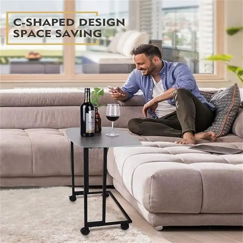 Table d'appoint de canapé roulante en forme de C, gris / blanc / noyer, grande et petite, 1 personne