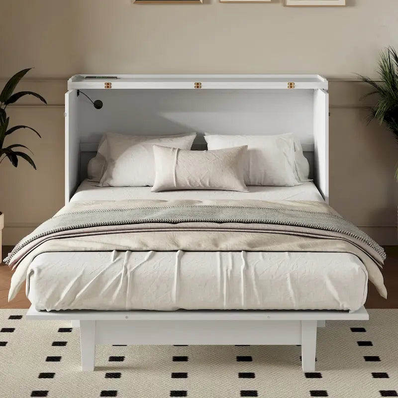 Lit escamotable blanc/gris avec tiroir de rangement et port USB, grand lit, pour 1 personne