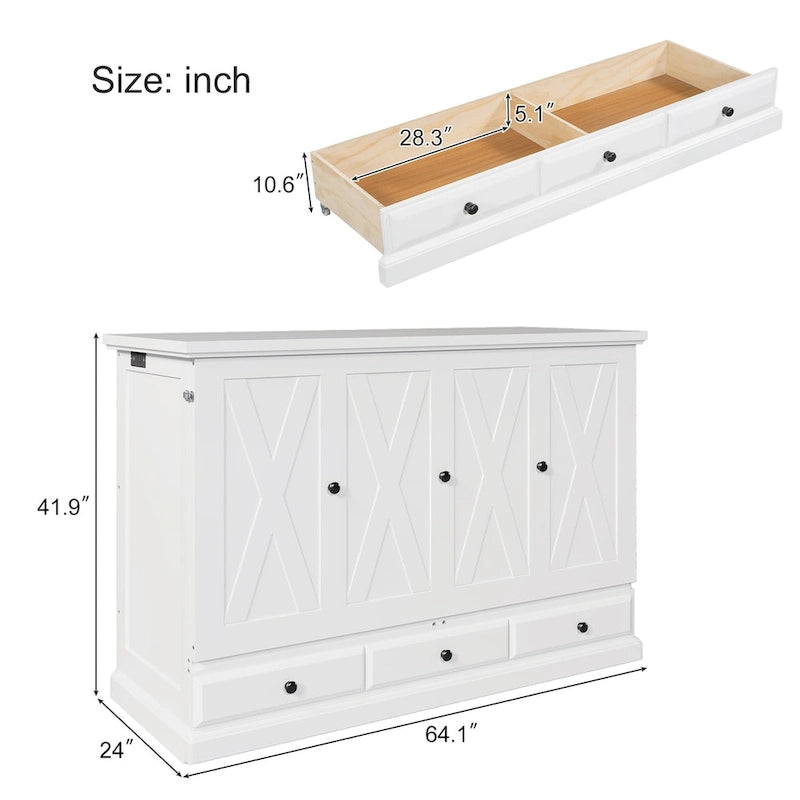 Lit escamotable blanc/gris avec tiroir de rangement et port USB, grand lit, pour 1 personne