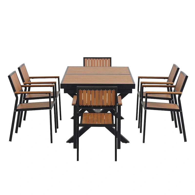 Ensemble de salle à manger extérieur extensible 7 pièces avec table extensible et 6 chaises avec accoudoirs
