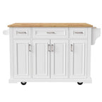 Grand îlot de cuisine avec abattant en bois, desserte à roulettes avec texture en relief, portes, tiroirs et rangement pour cuisine, blanc