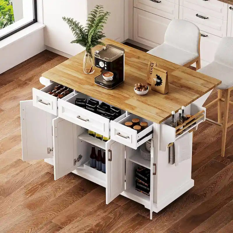 Grand îlot de cuisine avec abattant en bois, desserte à roulettes avec texture en relief, portes, tiroirs et rangement pour cuisine, blanc