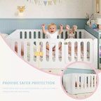 Lit au sol Montessori blanc pour enfant, modèle deux places avec barrières et porte, en bois massif, 1 place