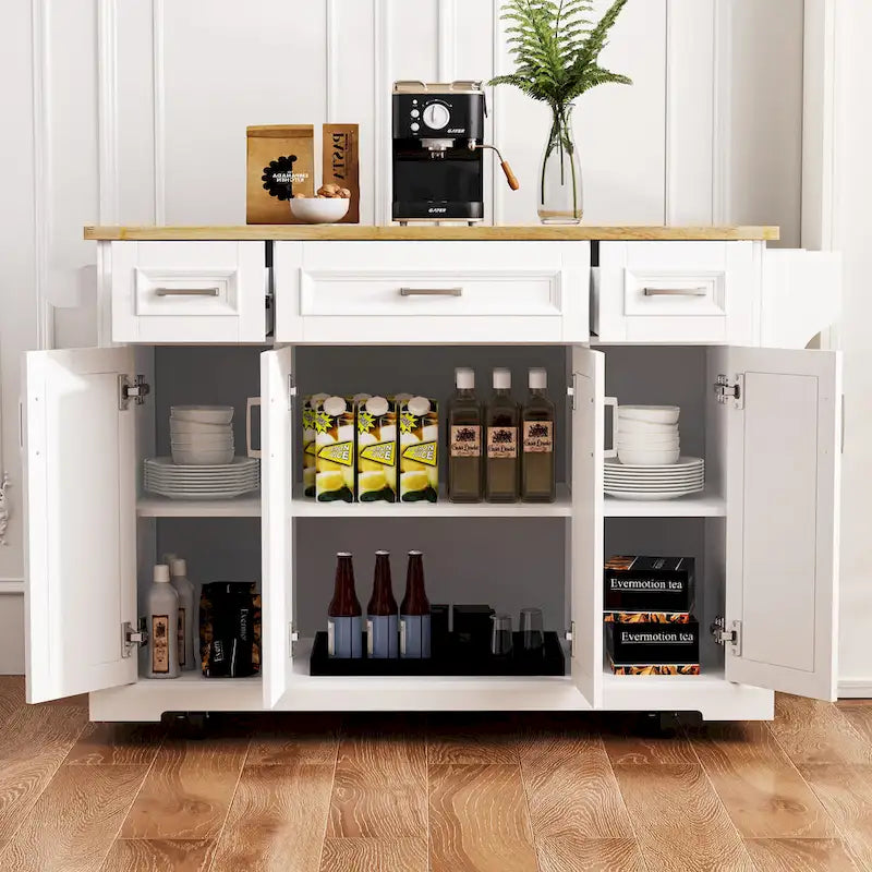 Grand îlot de cuisine avec abattant en bois, desserte à roulettes avec texture en relief, portes, tiroirs et rangement pour cuisine, blanc