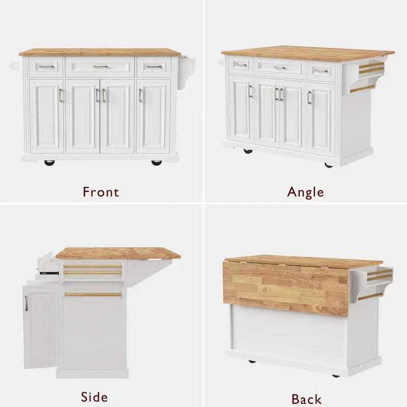 Grand îlot de cuisine avec abattant en bois, desserte à roulettes avec texture en relief, portes, tiroirs et rangement pour cuisine, blanc