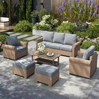 Captiva Designs Salon de jardin 6 pièces de luxe en osier avec accoudoirs incurvés et coussins
